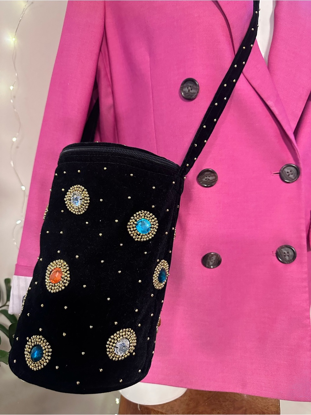 Black Velvet Jeweled Crossbody Bag